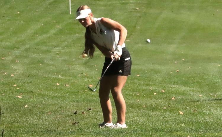 SRC’s Charlotte Slusarski digs this shot out of the first cut of rough, just off the No. 9 fairway and her apprroach runs up to withing 25 feet of the cup. PCN photo by Ken Kush.