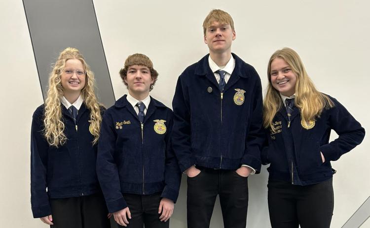 These four FFA members interviewed for the FFA state degree this week. Pictured are Kelsey Brehm, Wyatt Smith, Sawyer Anderson and Ema Dickey. Photo provided.