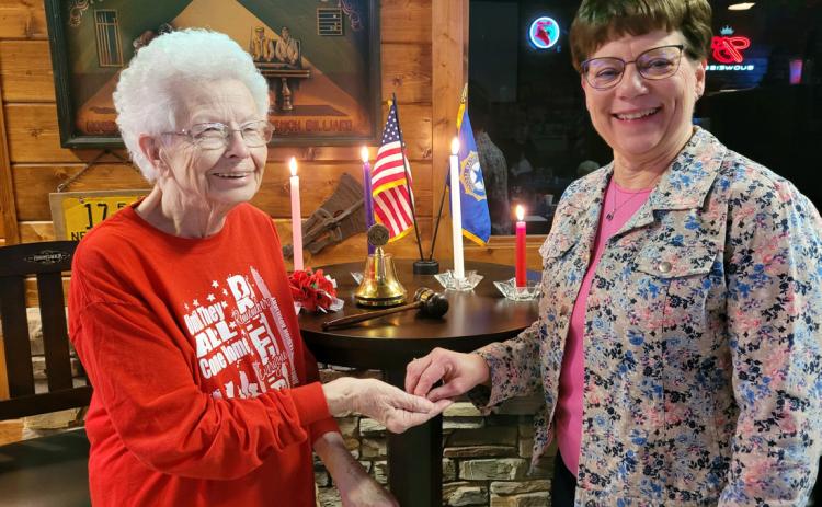 The Gresham American Legion Auxiliary honored Shirley Richter (left) for 60 years of continuous membership from Pam George. Photo provided