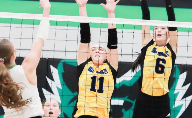 Junior Madison Augustin and senior Leah Whitmore set up the Huskies block against the Wilber Clatonia front line attack. PCN photo by Ken Kush.