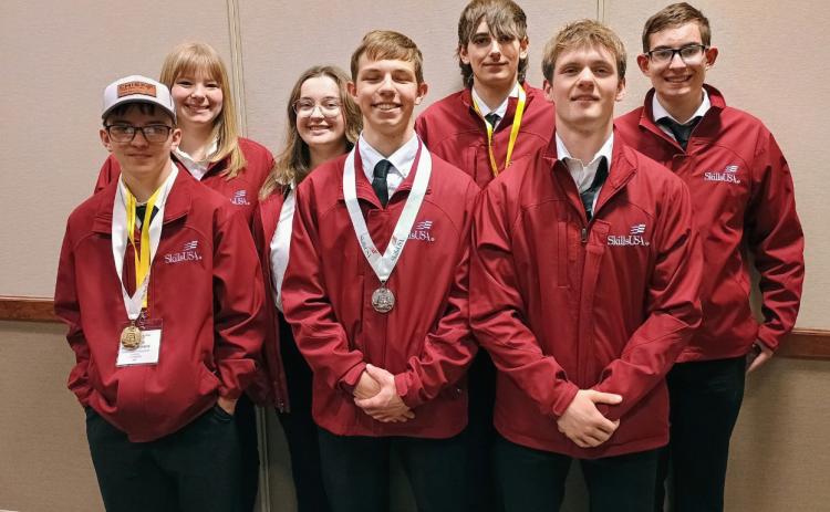 Skills USA competed at state conference. They competed in Additive Manufacturing, Architectural Drafting, Cabinetmaking, Drone Basics, Power Equipment Technology, Mousetrap-powered Vehicle, and Technical Team Problem-Solving. Karston Dotson Monroe placed 1st in Mousetrap Car-Distance and Matthew Frazier placed 2nd in Power Equipment Technology! Pictured are Dotson-Monroe, Frazier and Cole Redden (front); back is Selah Theis, Olivia Tandy, Ethan Houck and Colton Duncan. Photo provided.