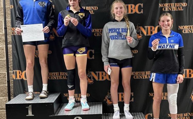 Danica Watts of Blue River girls wrestling (far left) won the 115-pound weight bracket at the Crete Invite this past Saturday.