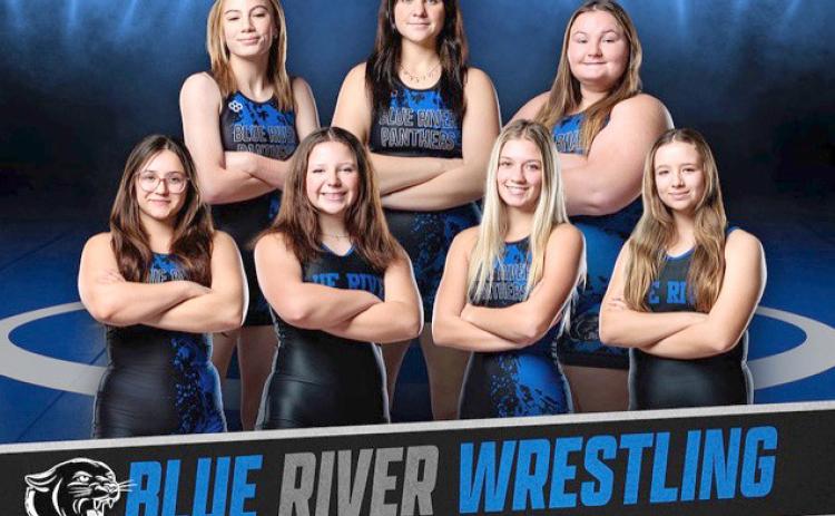 The 2025 Shelby-RC girls who are members of the Blue River girls wrestling team are; front (L-R)- Nevaeh Martinez, Ashlyn Long, Danica Watts, Layla Waite. Back row: Arianna Schutt, Jessica Bauers, Loralie Logan. Photos provided by Goc’s Creative Images.