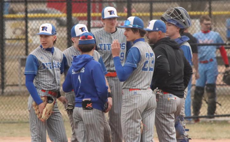 Twin River/Osceola head baseball coach Jaysen Melcher pulls the team to the mound during last Thursday’s match-up against Ralston. PCN photo by Ken Kush