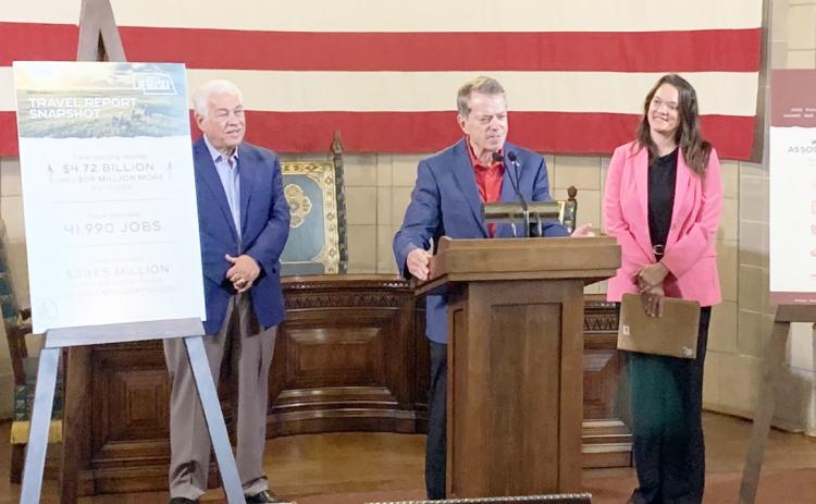 Gov. Pillen speaks at news conference highlighting new tourism data for Nebraska. Photo was provided.