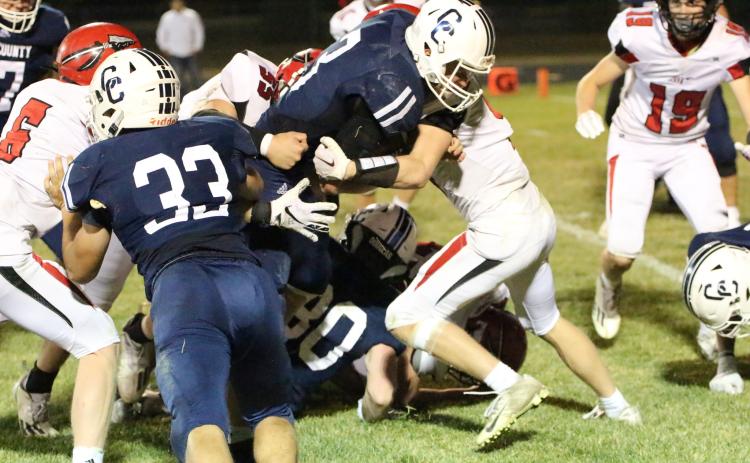 Jackson Lindburg gets stopped short of the goal line in Thursday’s 44-22 loss to Weeping Water. PCN photo by Travis Lane