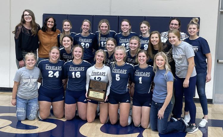 Cross County advances to state for volleyball for just the third time in school history. Pictured left to right (front row): Cortlyn Sundberg (student manager), Chesney Sundberg, Jayden Fellows, Taylor Lindburg, Bren Lemburg, Addie Linn, and Kelsey Brehm (student manager); (middle row) Alyssa Renken, Eden Peterson, Tierney Schoch, Britney Pflueger (Asst. Coach) and Olive Peterson (student manager); (third row) Head Coach Emmie Noyd, Asst. Coach Macy Samek, Shyanne Anderson, Lilly Peterson, Bricelynn Larson,