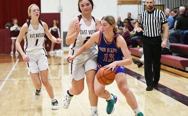 Courtney Carlstrom gets past the East Butler defense on her way to two of her team-high 10 points on Thursday. PCN photo by Calvin Holtz