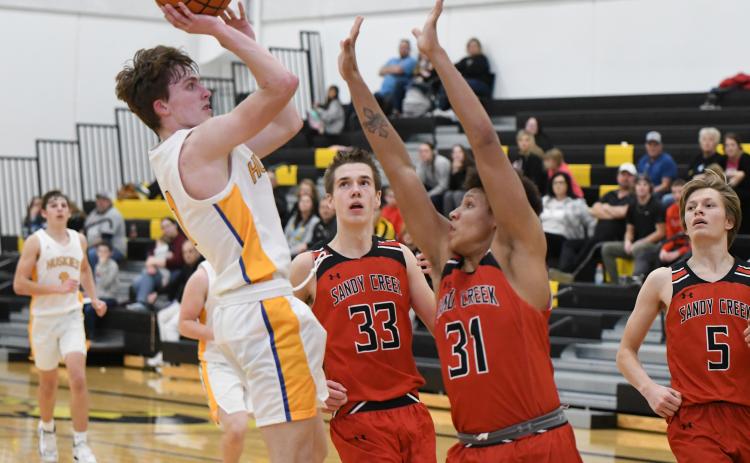 Gabe Dutton-Mofford knocks down a contested shot on Saturday against Sandy Creek. PCN photo by Rick Holtz