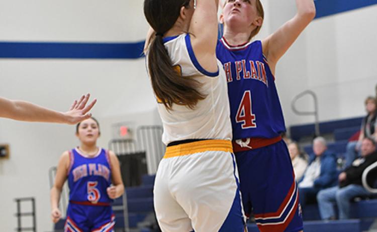 Peyton Hofmann goes up strong for a basket against Nebraska Lutheran. The freshman finished with 6 points in the loss. PCN photo by Rick Holtz