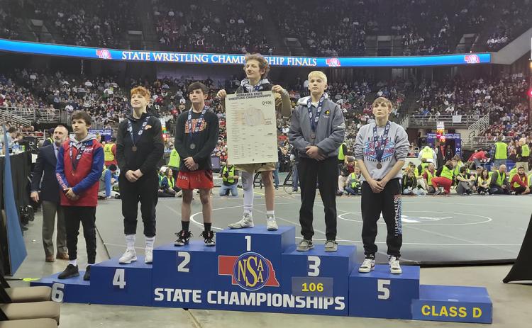 Though he does not attend a Polk County high school, Shelby resident Grady Romshek, a senior at Aquinas Catholic in David City, stood tall as the Class D 106-pound champion. Also on the podium with him was Shelby-Rising City's Owen Krafka, who finished third, and High Plains' Levi Russell, who finished sixth. PCN photo by Beth Sparrow
