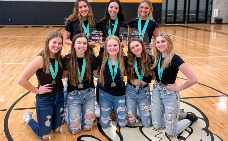 Congratulations to the Osceola Cheer and Dance Team! Members of the team (as shown) are: Front Row: Sophomore Melinn Roberts, Freshman Camryn Peterson, Sophomore Janna Roberts, Freshman Emersyn Prososki, Sophomore Sadie Sterup. Back Row: Junior Taylin Sanley, Senior Kirsten Glatter, Junior Kenzie Tonniges. Photo provided by Osceola Schools photo