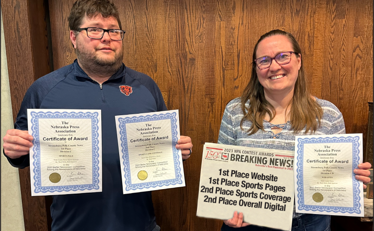 Rick Holtz (left) and Beth Sparrow were recognized over the weekend at the Nebraska Press Association’s Better Newspaper Contest awards ceremony. The PCN team received awards for the sports pages and website and Holtz won for sports coverage. PCN photo by Kimberly Holtz