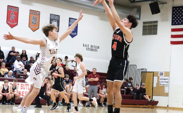 Brayden Santos hits the record breaking shot here at East Butler. PCN photo by Blaine Winslow.