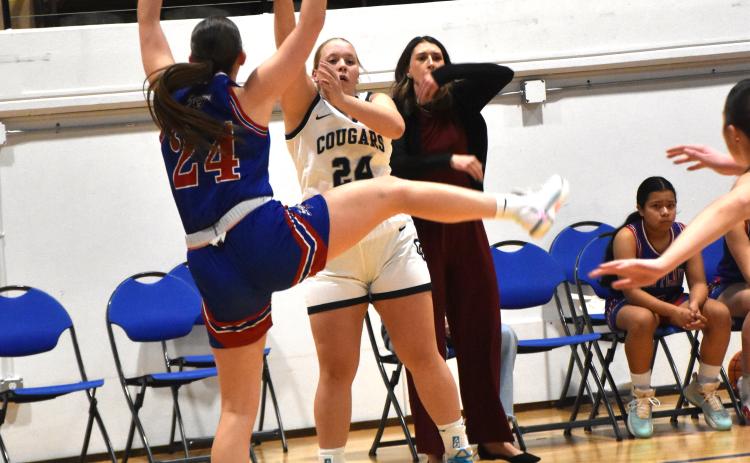 Chesney Sundberg (CC) tries to shoot one past Rylee Ackerson (HPC)