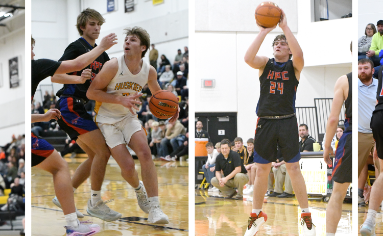 LEFT: Carson Swedenburg (HPC) goes up for a basket while Blake Schmidt (SRC) defends. MIDDLE LEFT: Dalton Pokorney (SRC) makes a move to the post on his way to 2 of his 25 points. MIDDLE RIGHT: Ayden Hans hit the buzzer-beater to give the Storm the win. RIGHT: Noah Thelen looks to find an open teammate. PCN photos by Rick Holtz
