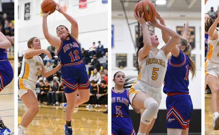LEFT: Leah Whitmore (SRC) dribbles around Allie Howell (HPC). MIDDLE LEFT: Allie Howell finished with 5 points for the Storm. MIDDLE RIGHT: Kaleigh Ruth goes up for 2 of her 5 points. RIGHT: Courtney Carlstrom dribbles around the Husky defense. PCN photos by Rick Holtz
