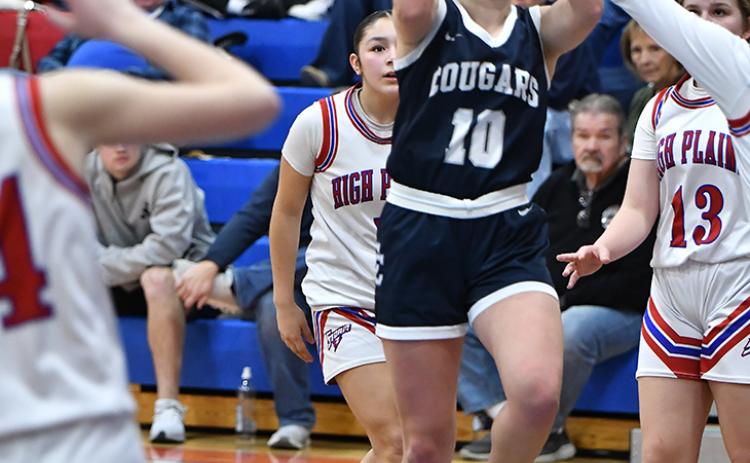 Cross County sophomore Olive Peterson eyes the basket on her way to a game-high 19 points in the teams win over High Plains this past Saturday. PCN photo by Rick Holtz