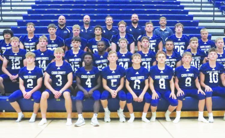 Cross County Football front (L-R); Benji Cooper, Cooper DeWitt, Eli Greenwall, Tyion Francis, Parker Redden, Dane Jarosz, Izayaha Kowalczyk, Colton Burke, Eric Delaet, Jed Berggren. Second row; Sawyer Anderson, Cole Redden, Emerson Henry, Tymari Francis, Bode Berggren, Emmitt Lonsdale, Calob Troy, Bridger Johnson, Abe Peterson. Third row; Joaquin Alvarez-Rodriguez, Gabe Nuttelman, Paxton Burke, Devin Lonsdale, Derek Georges, Cannen Mooney, Mason Quilhot, Jacob Smith, Krayton Schoch, Carter Berggren. Back ro