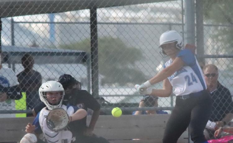Blue River’s Olivia Adams squares up a pitch in the team;s win over GACC earlier this year. She was 5-13 over the five gamnes this week. PCN file photo by Ken Kush.