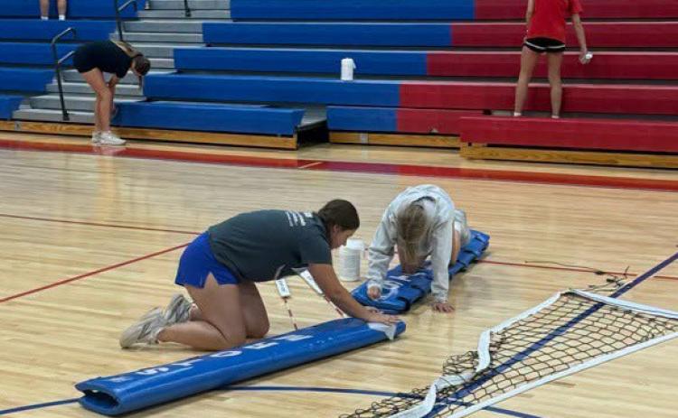 The High Plains gym in Polk has been closed all summer as the floors were completely redone to get ready for the upcoming falls sports season. The gym reopened last week and some of the High Plains volleyball players helped out cleaning bleachers and getting the net set up before their summer league. Photos were provided.