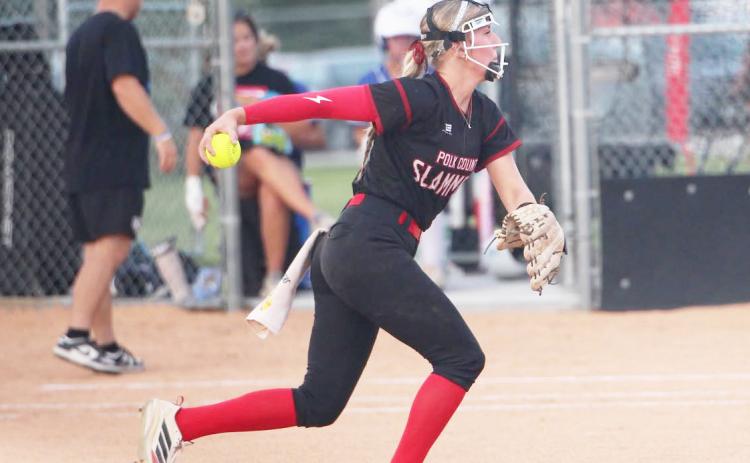 Polk County/Aquinas pitcher Faith Samek went 4-0 this past week on the mound for the Slammers. She also went 9-13 at the plate, and drove in eight runs. PCN photos by Travis Lane
