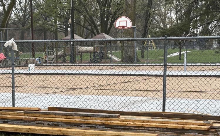 Above: The basketball court at Buckley Park is getting new concrete. PCN photo by Beth Sparrow.