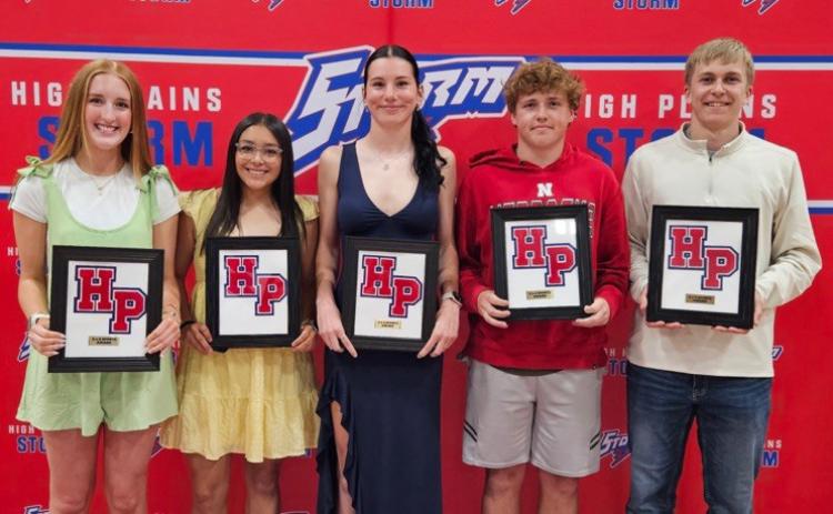 Five High Plains seniors were awarded the 3x4 award for participating in 3 sports all 4 years. Pictured are Peyton Hofmann (VB, BB, TR), Gahvi Lesiak (VB, BB, TR), Dakota Gress (VB, WR, TR), Chase Owens (FB, BB, GO) and Brodey Spurling (FB, BB, TR). Photo provided.