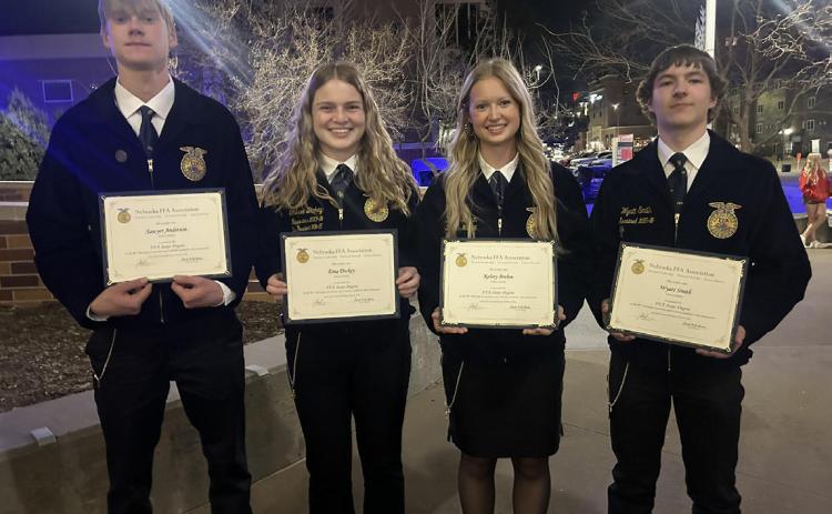 Above: Students received their State FFA degrees at State FFA convention in Lincoln last Wednesday through Friday. Below is Cross County: Sawyer Anderson, Ema Dickey, Kelsey Brehm and Wyatt Smith. Photos provided. Photos were not available for High Plains.