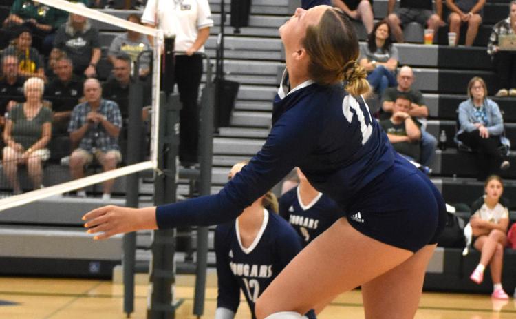 Sydney Hengelfelt hits one of her 21 kills against Central City. PCN photo by Beth Sparrow.