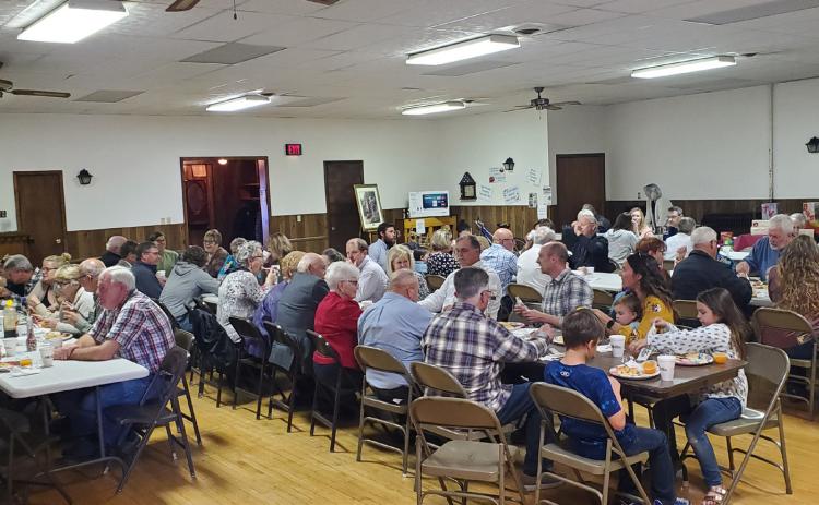 A gathering of 150 attended the “Save the Bandstand” fundraiser in Polk on Sunday, April 23. A lunch of pancakes, sausage and fruit was enjoyed by the attendees followed by drawings for raffle items. Generous monetary donations boosted funds for the restoration of the 102-year old Main Street landmark. Photo provided.