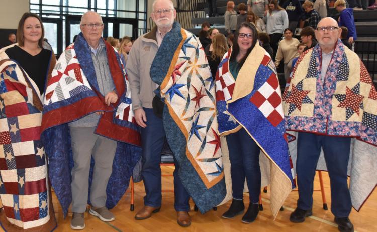 Above: Osceola had 5 quilts of valor presented on Veterans’ Day. Pictured are Amanda Hinkle, Dale Fjell, Michael Anderson, Lisa Goodell and James Langer. PCN photo by Beth Sparrow.