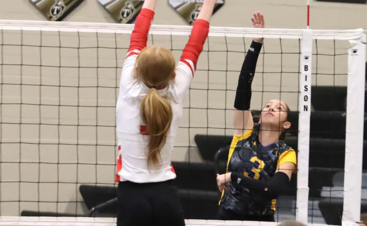 Kaleigh Ruth gets one of her 23 kills for the night against Yutan in subdistrict action Tuesday. PCN photo by Ken Kush.