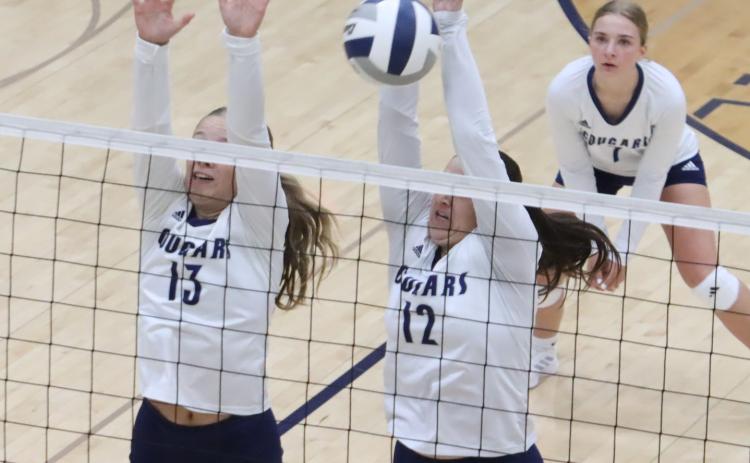 Senior Edie Peterson (13) and junior Cortina Donnelly (12) combine on the block against David City last Tuesday. PCN photo by Ken Kush.