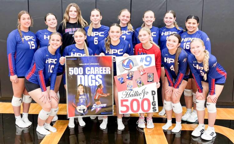 Last week, High Plains senior HallieJo Urkoski hit a milestone with career dig number 500. She is pictured here with her teammates. PCN photo was provided.