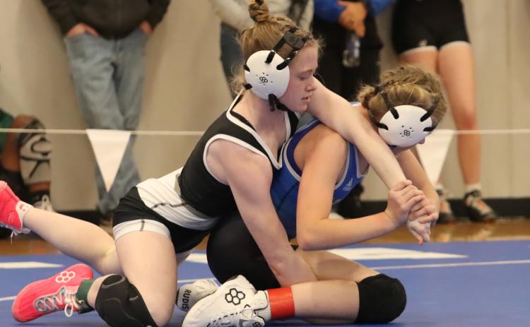 Cross County freshman Piyper Berggren scores the first points and the first win of Cross County/Osceola girls wrestling history. Berggren went on to a third place finish at the Lakeview Invite at 105 pounds on Friday. PCN photo by Ken Kush