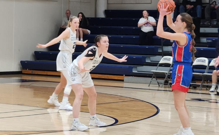 Lindee Kelley and Bricelynn Larson play defense. PCN photo by Craig Pinley.