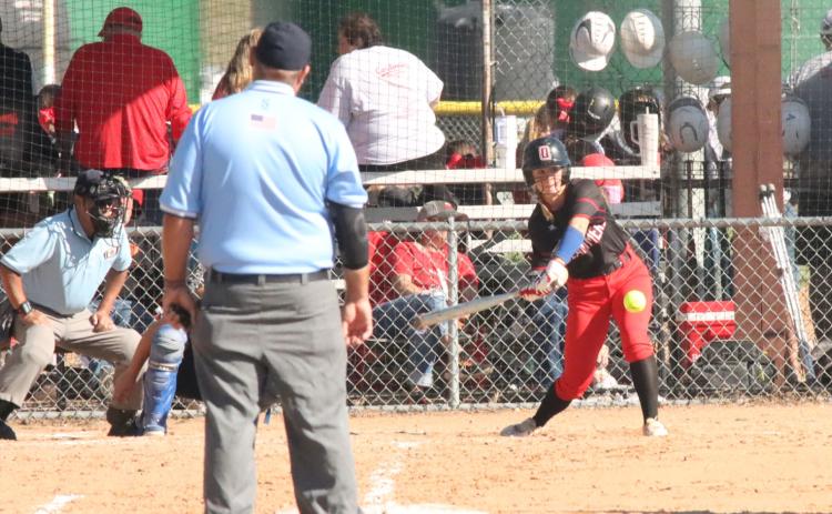 PC’s Mady Berggren fights off a pitch in the Slammers matchup with Pierce in Albion. Berggren hammered her third and fourth home runs Saturday and Monday. PCN photo by Ken Kush.