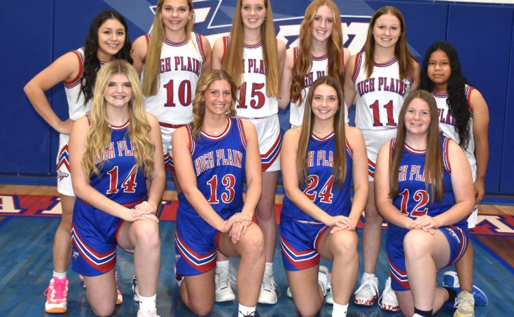 2024-25 High Plains girls basketball team: (front) Emma Brown, Courtney Carlstrom, Rylee Ackerson, Allie Howell (back) Gahvi Lesiak, HallieJo Urkoski, Rylee Hofmann, Peyton Hofmann, McCadden Turner and Dulce Ramirez-Catalan. PCN photo by Beth Sparrow.