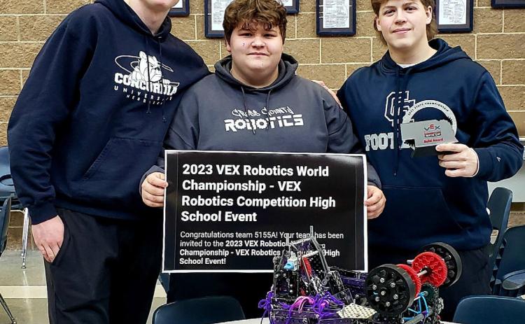 Cross County Robotics team 5155A (consisting of Dane Holtzen, Brett Williams and Andrew Dubas) has been invited to Vex Robotics World Championships in Dallas Texas. Cross County Schools photo