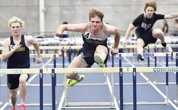 Cross County’s Cole Redden was clocked at 9.10 and finished second at the Concordia Indoor on Friday. PCN photo by Rick Holtz.