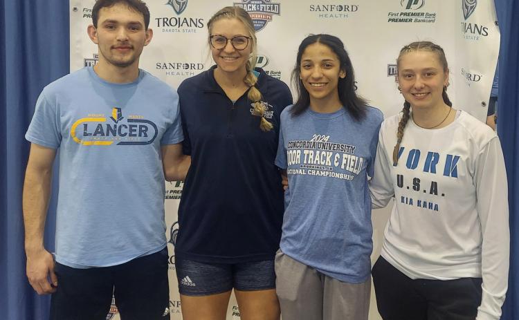 Pictured (left to right) are Mason Schleis, Kamryn Pokorney, Zoey Walker and Liberty Baker. All competed at NAIA nationals and all are graduates of Shelby-Rising City Schools. Schleis won the heptathlon, while Walker placed 8th in high jump going 5’5. Pokorney placed 26th in women’s weight throw, and Baker placed 32nd in 60m hurdles. Photo provided.