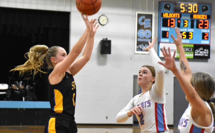 Taya Pinneo takes the shot against the Cedar Bluffs Wildcats. PCN photo by Alex Larmon.