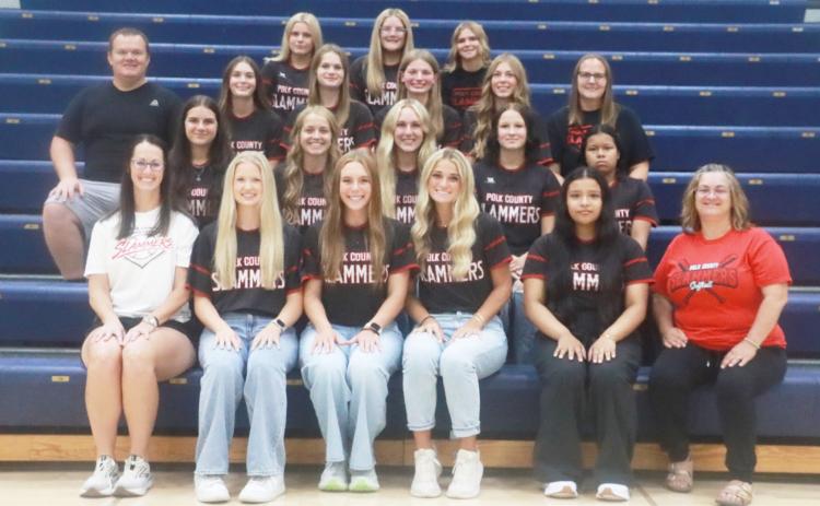 Members of the Polk County/Aquinas Slammers softball team include front row (L-R); head coach Angie Schroetlin, Kelsey Brehm, Brooklyn Banholzer, Jordyn Vandenberg, Jazlyn Ramirez-Catalan, coach Carrie Swanson. Row 2-Misty Noble, Olive Peterson, Faith Samek, MaCadden Turner, Dulce Ramirez-Catalan. Third row- coach Roy Emory, Audrey Gardner, Madelyn Emory, Jadelynn Gifford, Chloe Schott, coach Kim Baloun. Top row- Makenna Fuhrman, Kyndall Boruch, SM KK Baloun. PCN photo by Ken Kush.