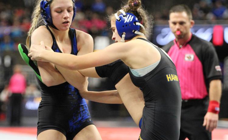 Blue River senior Danica Watts controls Gering’s Amber Hahn in the match to secure her first state medal. Watts went on to a sixth place medal at 115 pounds. PCN photo by Travis Lane.