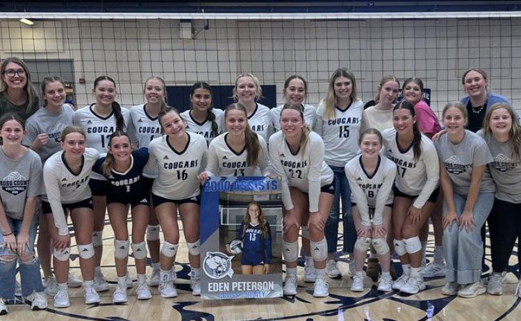 Edie Peterson, senior volleyball setter, celebrated her 2000th assist at Cross County on Tuesday. She has been setting her sophomore, junior and senior years and started all three. As of Monday, she has 2066 assists. Photo provided.