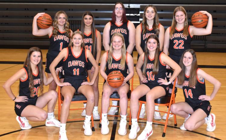 Osceola 2024-25 girls basketball team: front Halle Gabel, Layla Page, Janna Roberts, Addie Theis and Kimbree Page; back: Emersyn Prososki, Selah Gehring, Cataya Ebert, Bella Recker and Melinn Roberts. PCN photo by Beth Sparrow.