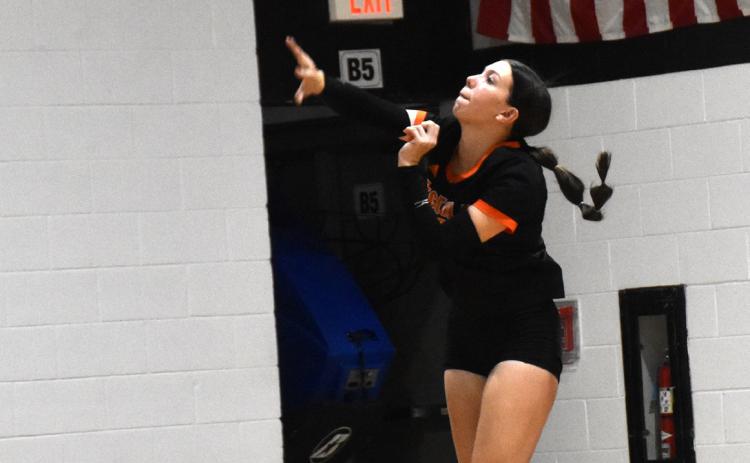 Camryn Peterson serves one. She had two ace serves against Cedar Bluffs. PCN photo by Beth Sparrow.