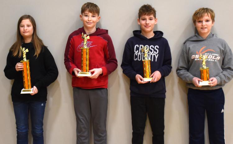 ABOVE: Fifth and sixth graders competed in the morning; winners included (left to right) first Rebekah Werth (CC), second Mason Alexander (OSC), third Braylon Duncan (CC) and fourth Dawson Baloun (OSC). PCN photo by Beth Sparrow. BELOW: Seventh and eighth graders competed in the afternoon. Winners were (left to right) first Lily Crane, second Bryn Wadas, third Bradley Lott, and fourth Jadelynn Gifford. Photo provided by Osceola School.