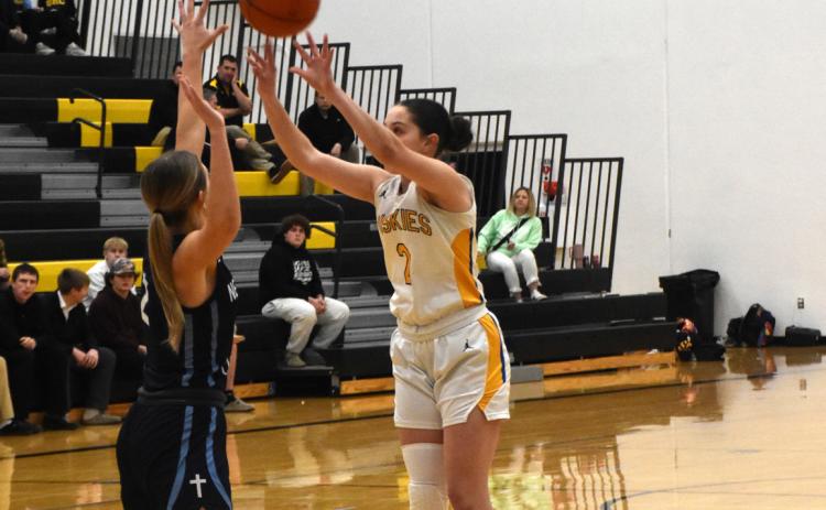 Shelby-RC’s Patience Spitz (2) was the Huskies leading scorer with 12 points in the Huskies loss to Nebraska Christian on Tuesday in Shelby. PCN photo by Beth Sparrow